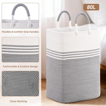 Laundry Basket Hamper,Blanket Storage,Dirty Clothes Hamper with Swivel Handles,Woven Cotton Rope Toy Baskets,Blanket Basket Living Room,Decorative Hampers for Nursery,Bedroom,White & Linen,60L