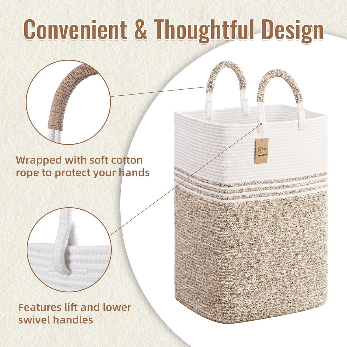 Laundry Basket Hamper,Blanket Storage,Dirty Clothes Hamper with Swivel Handles,Woven Cotton Rope Toy Baskets,Blanket Basket Living Room,Decorative Hampers for Nursery,Bedroom,White & Linen,60L