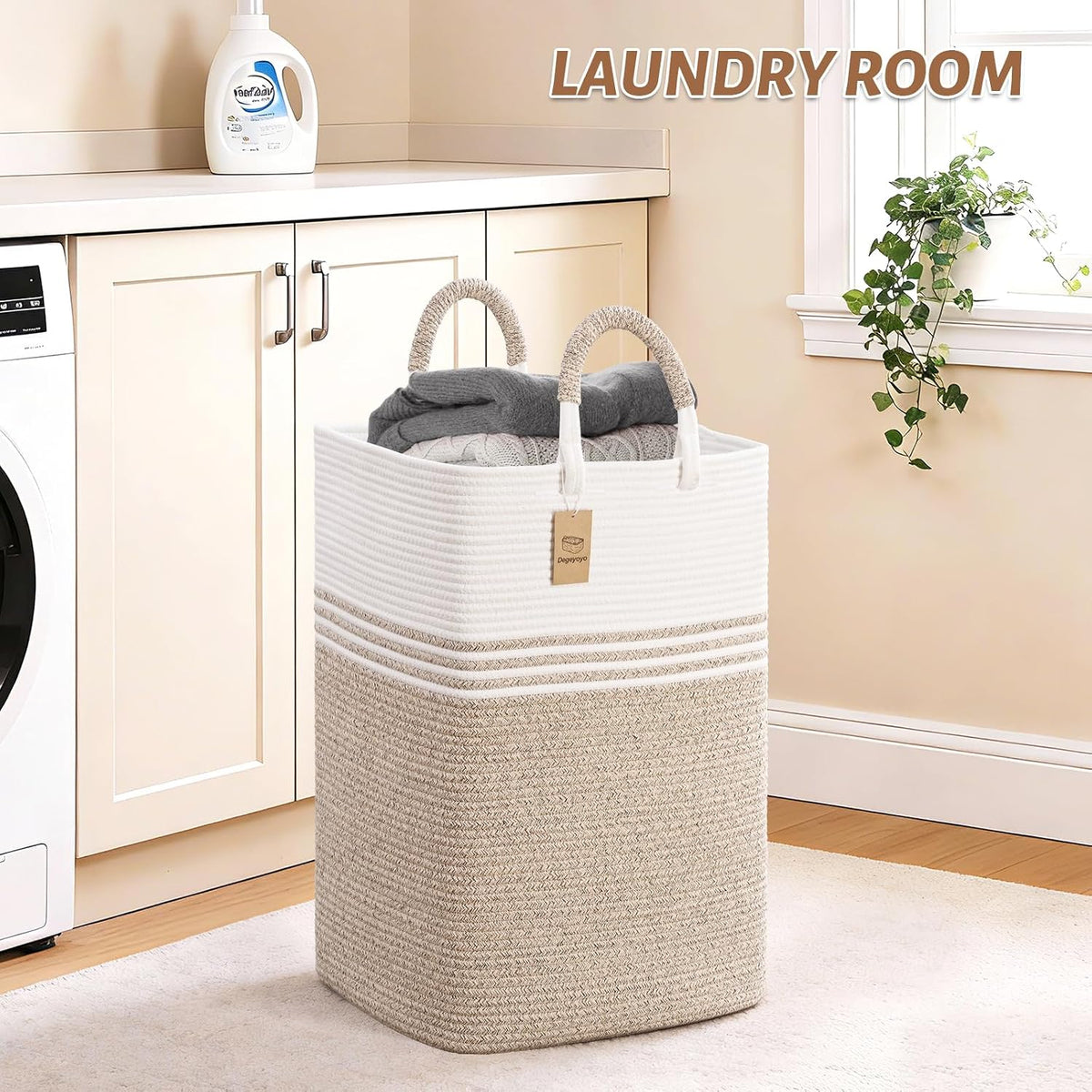Laundry Basket Hamper,Blanket Storage,Dirty Clothes Hamper with Swivel Handles,Woven Cotton Rope Toy Baskets,Blanket Basket Living Room,Decorative Hampers for Nursery,Bedroom,White & Linen,60L