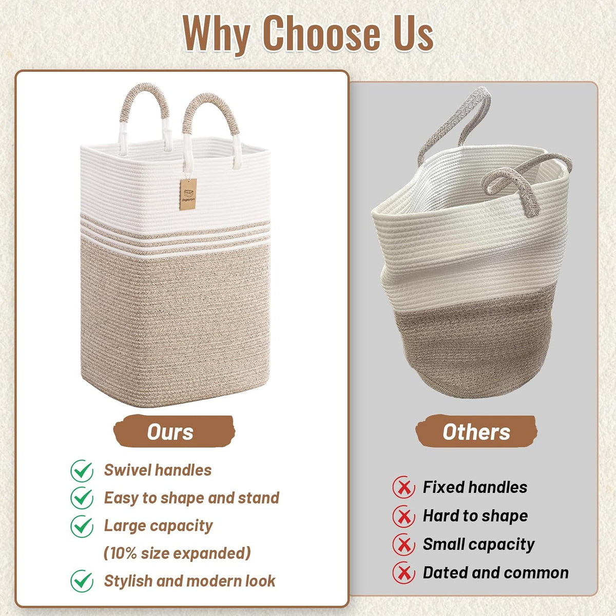 Laundry Basket Hamper,Blanket Storage,Dirty Clothes Hamper with Swivel Handles,Woven Cotton Rope Toy Baskets,Blanket Basket Living Room,Decorative Hampers for Nursery,Bedroom,White & Linen,60L