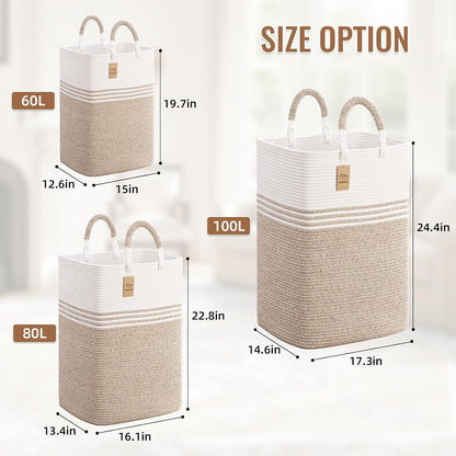 Laundry Basket Hamper,Blanket Storage,Dirty Clothes Hamper with Swivel Handles,Woven Cotton Rope Toy Baskets,Blanket Basket Living Room,Decorative Hampers for Nursery,Bedroom,White & Linen,60L