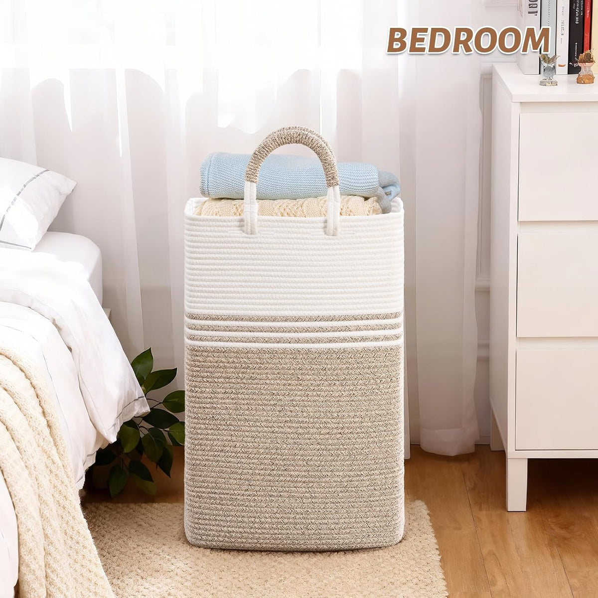 Laundry Basket Hamper,Blanket Storage,Dirty Clothes Hamper with Swivel Handles,Woven Cotton Rope Toy Baskets,Blanket Basket Living Room,Decorative Hampers for Nursery,Bedroom,White & Linen,60L
