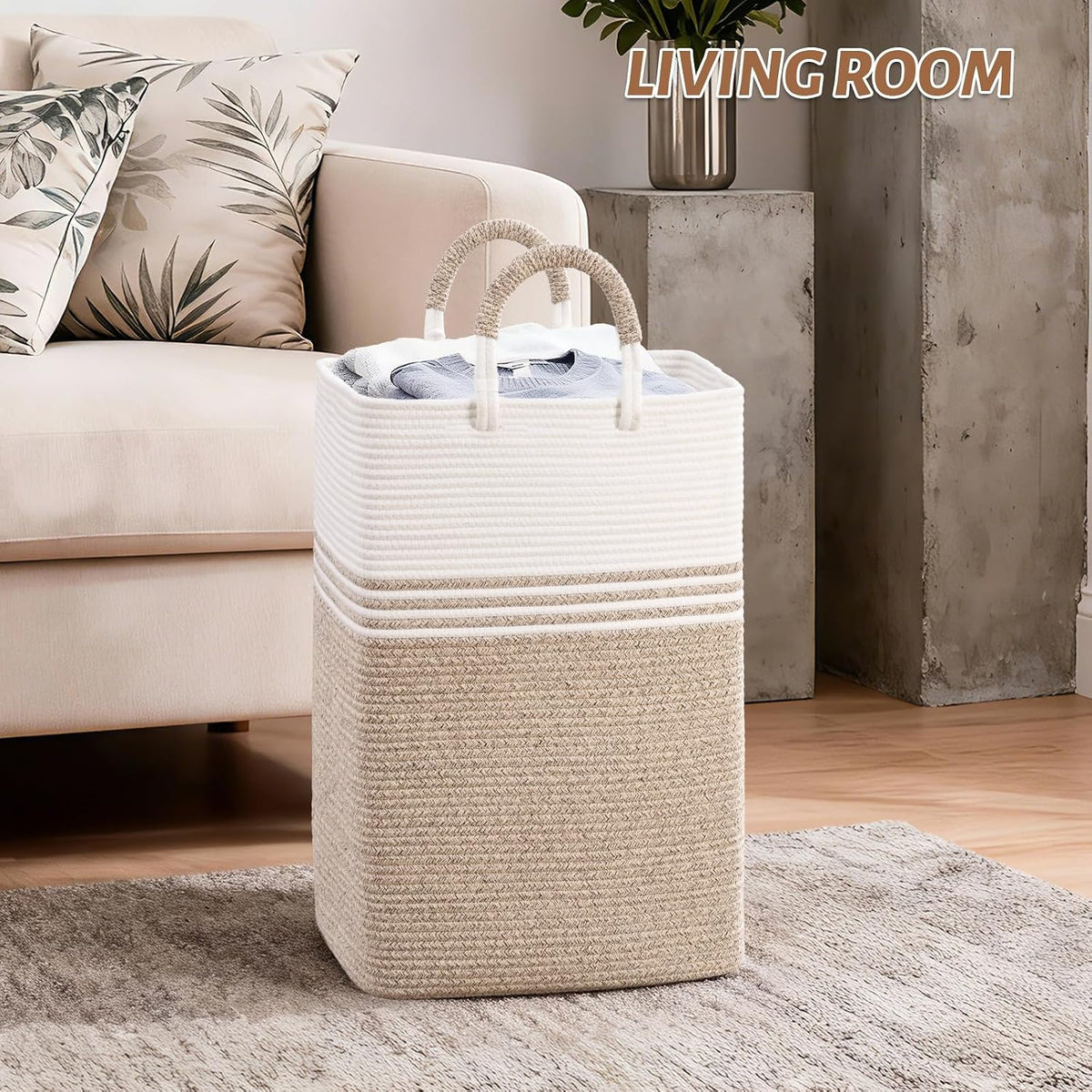 Laundry Basket Hamper,Blanket Storage,Dirty Clothes Hamper with Swivel Handles,Woven Cotton Rope Toy Baskets,Blanket Basket Living Room,Decorative Hampers for Nursery,Bedroom,White & Linen,60L