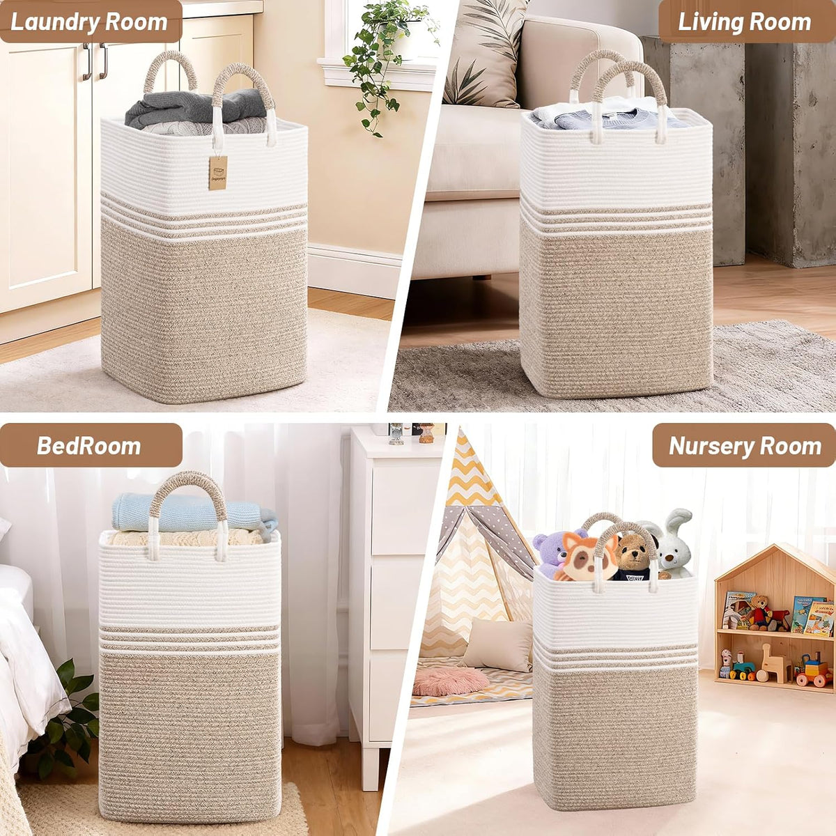 Laundry Basket Hamper,Blanket Storage,Dirty Clothes Hamper with Swivel Handles,Woven Cotton Rope Toy Baskets,Blanket Basket Living Room,Decorative Hampers for Nursery,Bedroom,White & Linen,60L