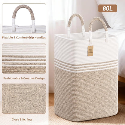 Laundry Basket Hamper,Blanket Storage,Dirty Clothes Hamper with Swivel Handles,Woven Cotton Rope Toy Baskets,Blanket Basket Living Room,Decorative Hampers for Nursery,Bedroom,White & Linen,60L