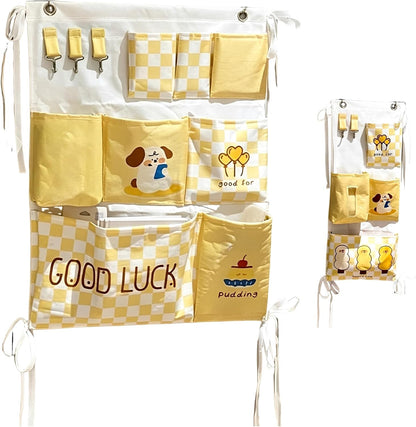 2 Pcs Over Door Organizer, Hanging Wall Organizers with Tissue Pocket, Cartoon Pattern Checkered Closet Storage Organizers for Dorm, Bunk Bed, Bedroom Essentials, Yellow and White Print