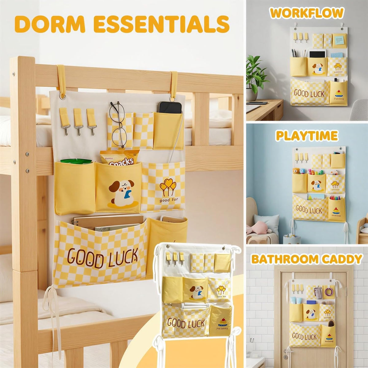 2 Pcs Over Door Organizer, Hanging Wall Organizers with Tissue Pocket, Cartoon Pattern Checkered Closet Storage Organizers for Dorm, Bunk Bed, Bedroom Essentials, Yellow and White Print