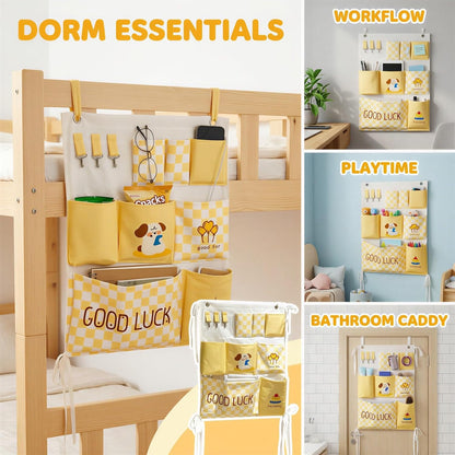 2 Pcs Over Door Organizer, Hanging Wall Organizers with Tissue Pocket, Cartoon Pattern Checkered Closet Storage Organizers for Dorm, Bunk Bed, Bedroom Essentials, Yellow and White Print