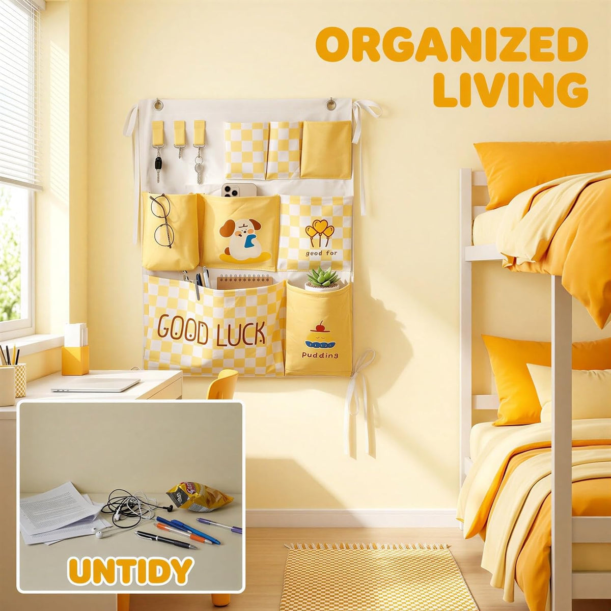 2 Pcs Over Door Organizer, Hanging Wall Organizers with Tissue Pocket, Cartoon Pattern Checkered Closet Storage Organizers for Dorm, Bunk Bed, Bedroom Essentials, Yellow and White Print