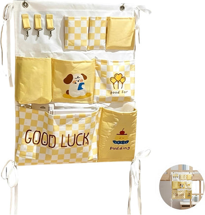 2 Pcs Over Door Organizer, Hanging Wall Organizers with Tissue Pocket, Cartoon Pattern Checkered Closet Storage Organizers for Dorm, Bunk Bed, Bedroom Essentials, Yellow and White Print