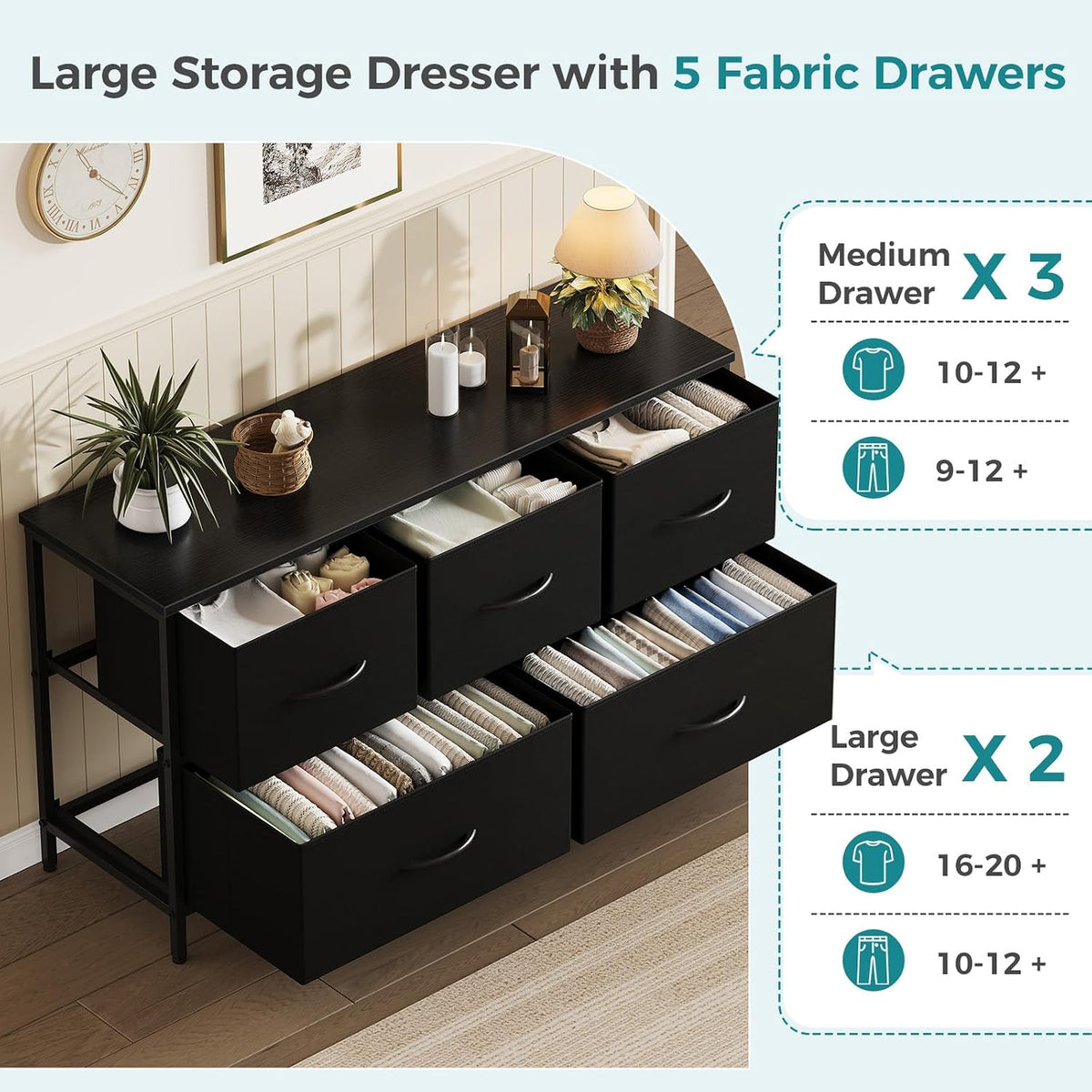 5 Drawer Dresser for Bedroom, Storage Organizer for Closet, Khaki