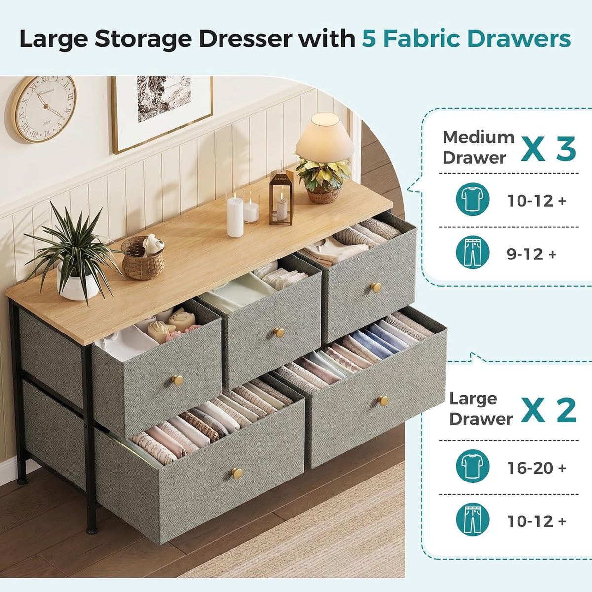 5 Drawer Dresser for Bedroom, Storage Organizer for Closet, Khaki