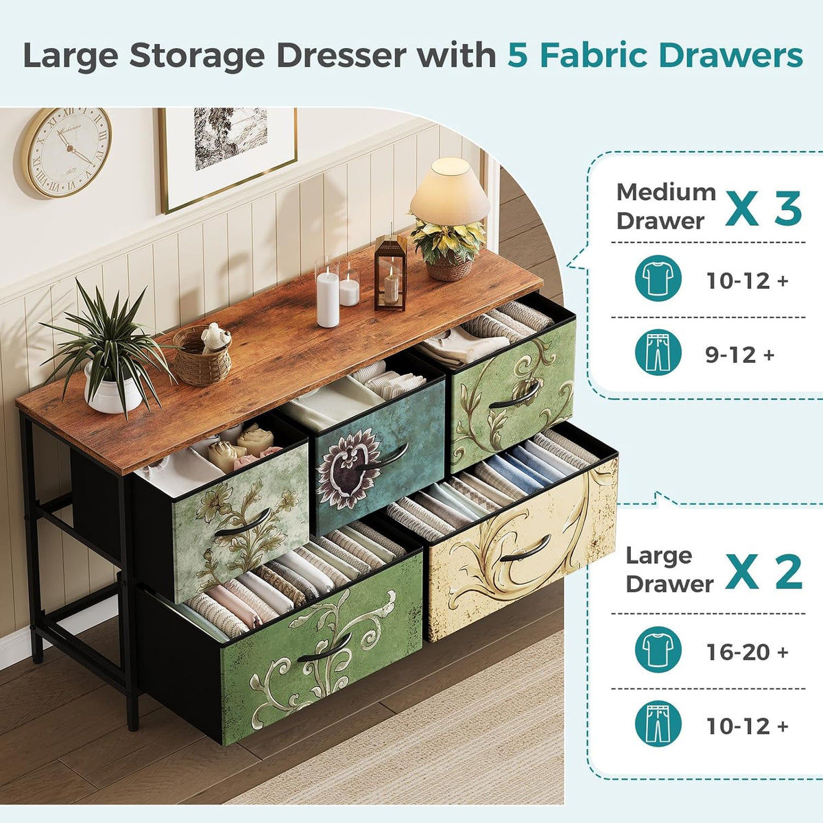 5 Drawer Dresser for Bedroom, Storage Organizer for Closet, Khaki