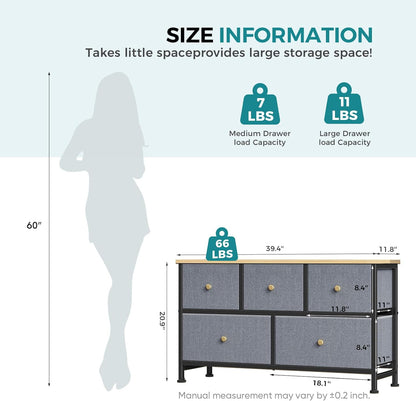5 Drawer Dresser for Bedroom, Storage Organizer for Closet, Khaki