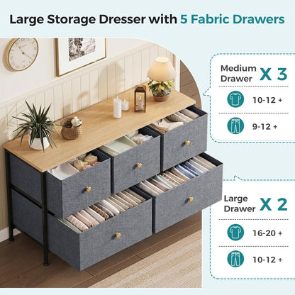 5 Drawer Dresser for Bedroom, Storage Organizer for Closet, Khaki