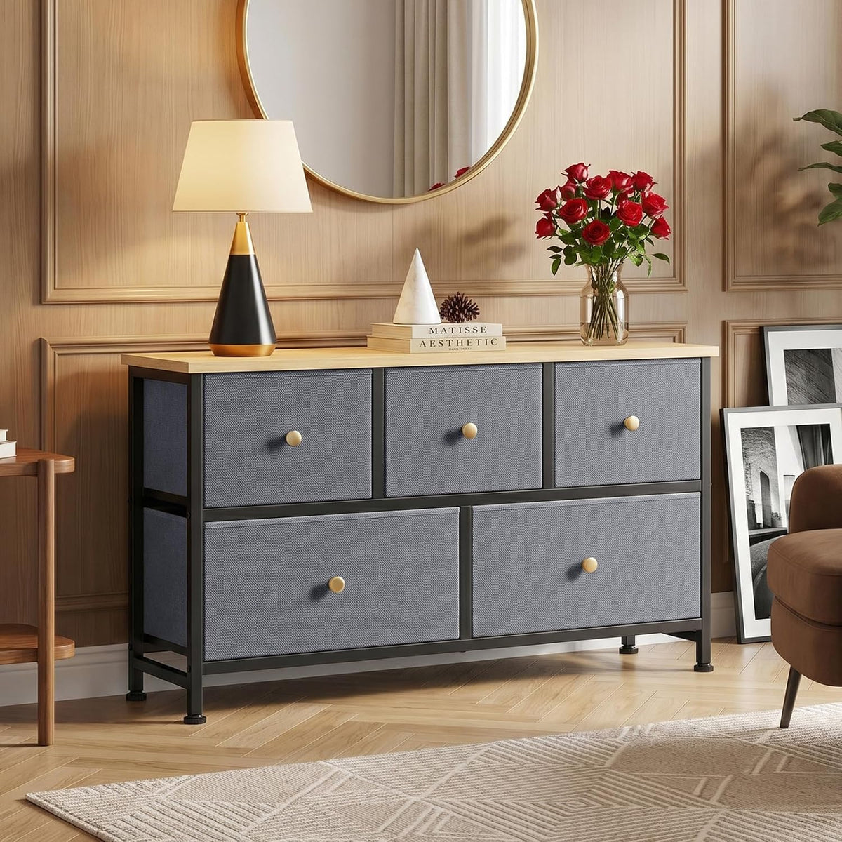5 Drawer Dresser for Bedroom, Storage Organizer for Closet, Khaki