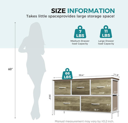 5 Drawer Dresser for Bedroom, Storage Organizer for Closet, Khaki