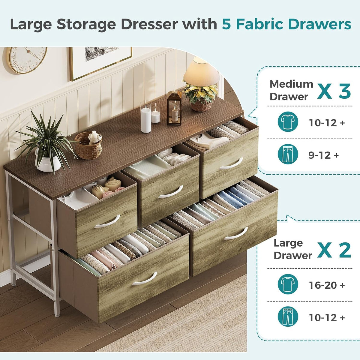 5 Drawer Dresser for Bedroom, Storage Organizer for Closet, Khaki