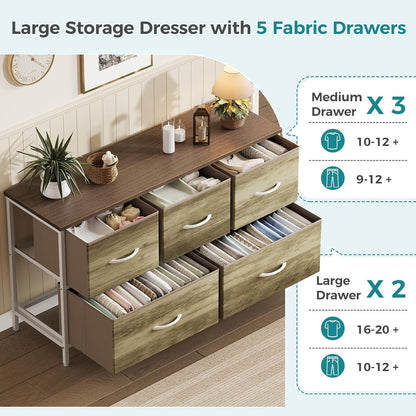 5 Drawer Dresser for Bedroom, Storage Organizer for Closet, Khaki