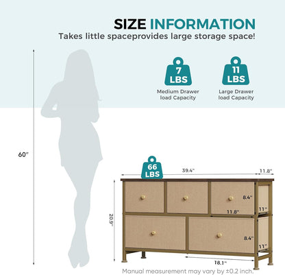5 Drawer Dresser for Bedroom, Storage Organizer for Closet, Khaki