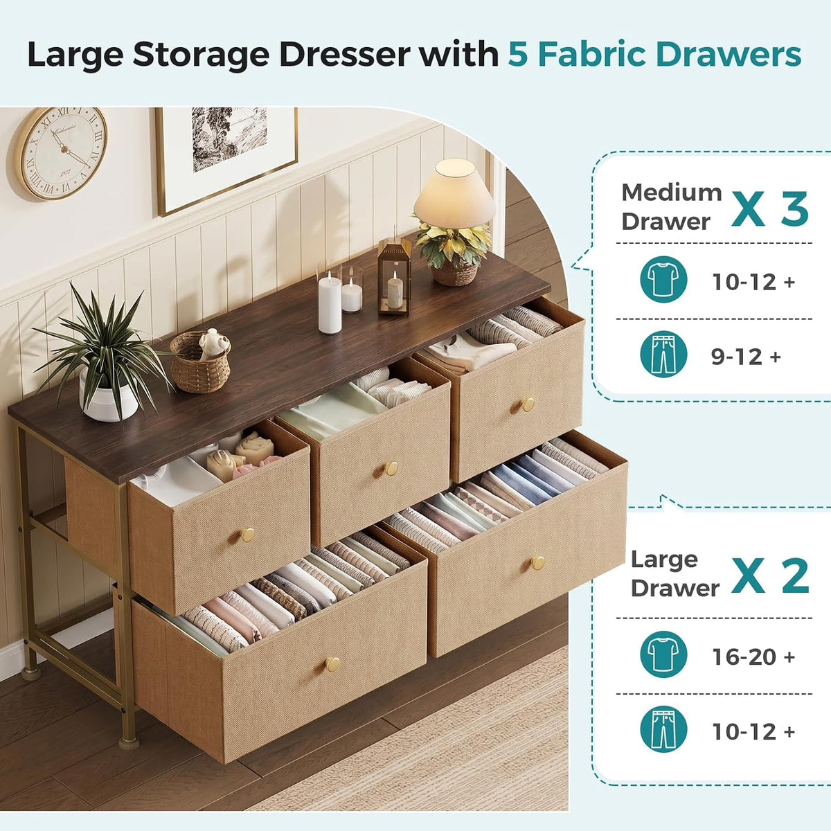 5 Drawer Dresser for Bedroom, Storage Organizer for Closet, Khaki