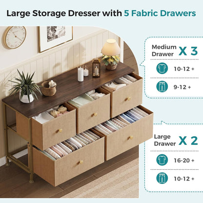5 Drawer Dresser for Bedroom, Storage Organizer for Closet, Khaki