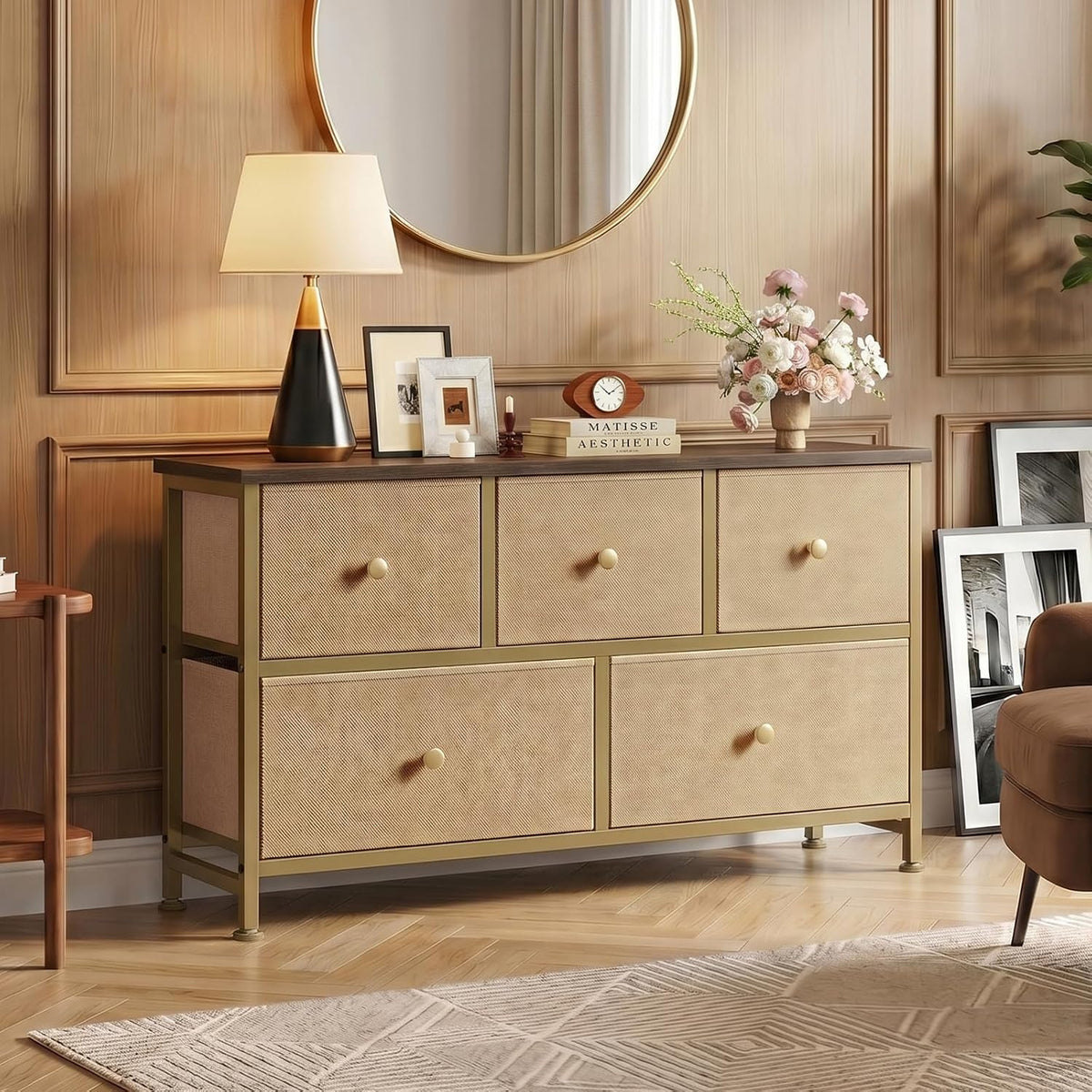 5 Drawer Dresser for Bedroom, Storage Organizer for Closet, Khaki