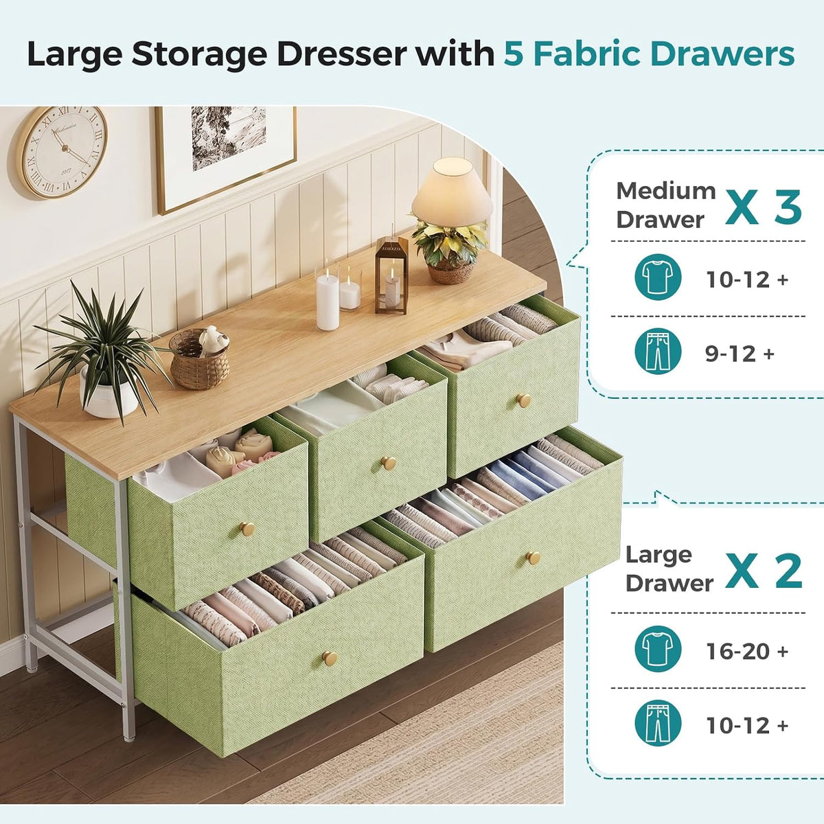 5 Drawer Dresser for Bedroom, Storage Organizer for Closet, Khaki