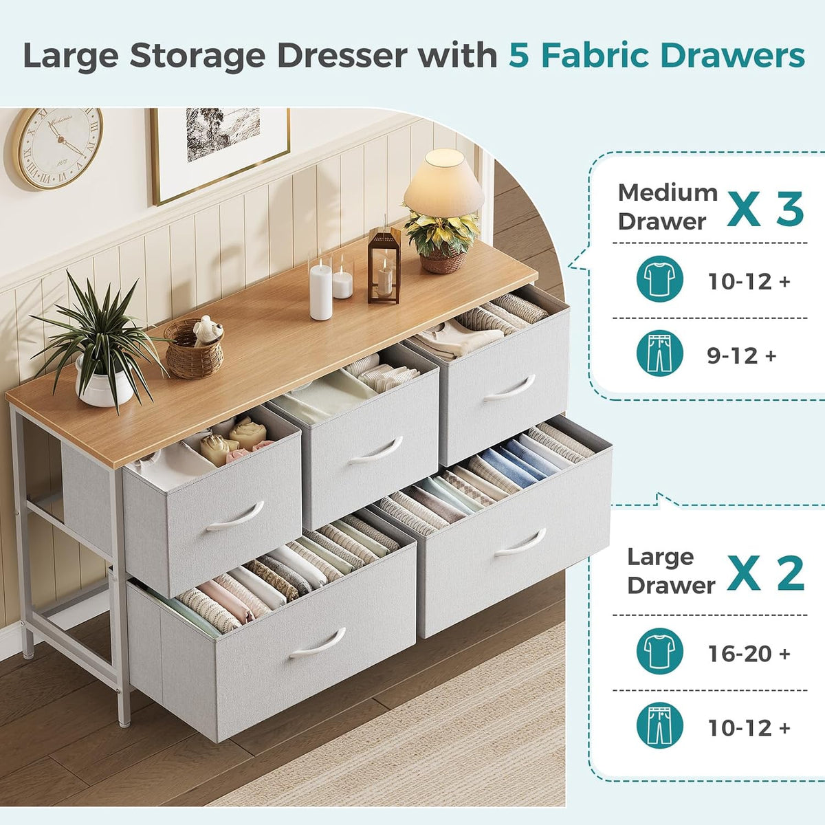 5 Drawer Dresser for Bedroom, Storage Organizer for Closet, Khaki