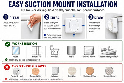 Loo Discreet Flushable Wipes Dispenser – Fits Standard Size Flushable Wipes Only – No-Drill Suction Mount Bathroom Holder with Lid for Toilet Tank, Tile, or Mirror