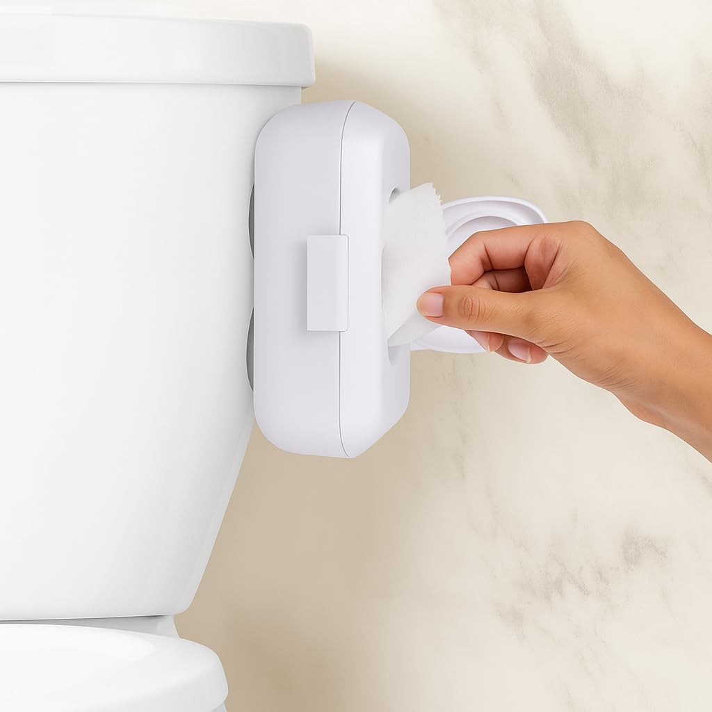 Loo Discreet Flushable Wipes Dispenser – Fits Standard Size Flushable Wipes Only – No-Drill Suction Mount Bathroom Holder with Lid for Toilet Tank, Tile, or Mirror