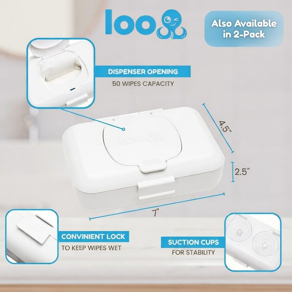 Loo Discreet Flushable Wipes Dispenser – Fits Standard Size Flushable Wipes Only – No-Drill Suction Mount Bathroom Holder with Lid for Toilet Tank, Tile, or Mirror