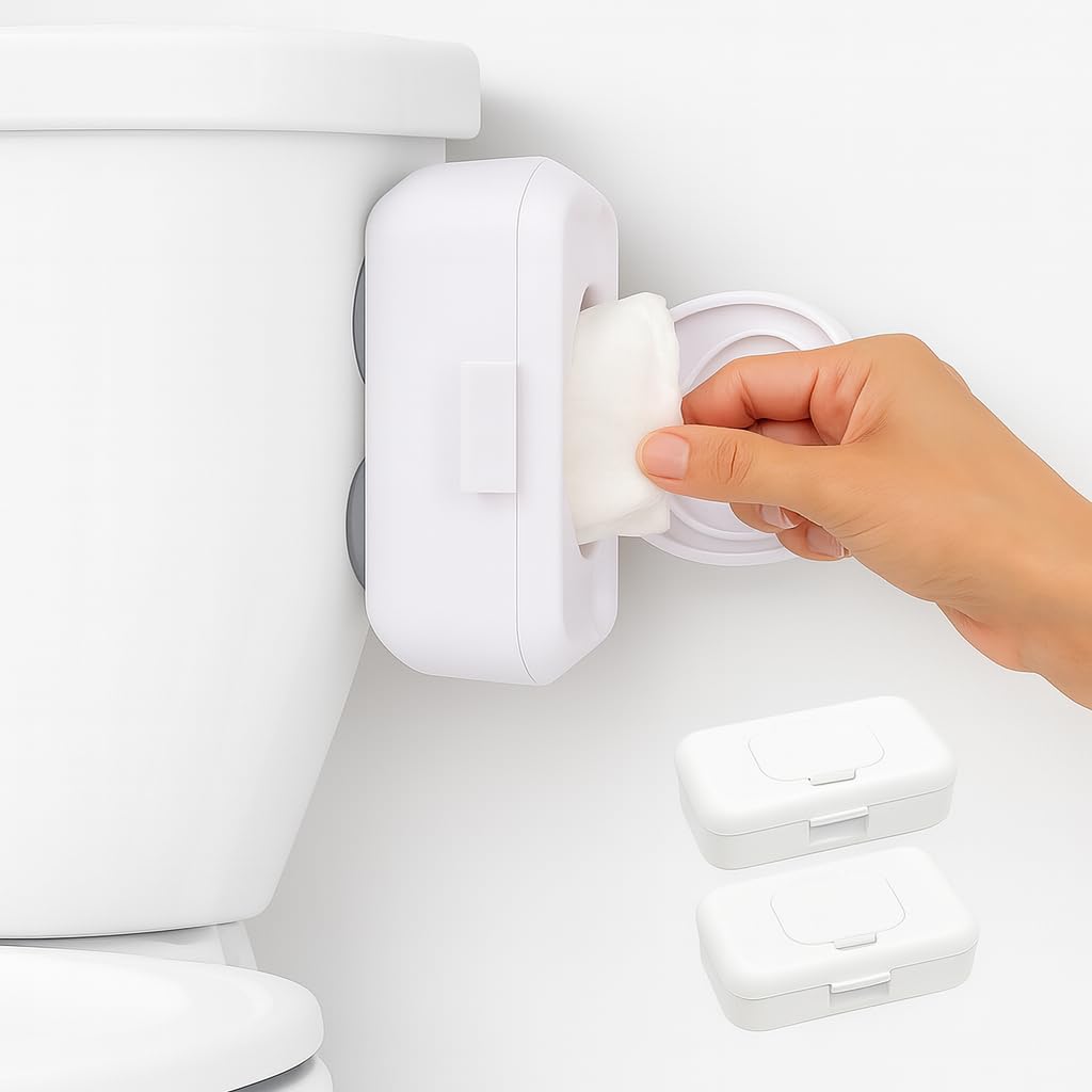 Loo Discreet Flushable Wipes Dispenser – Fits Standard Size Flushable Wipes Only – No-Drill Suction Mount Bathroom Holder with Lid for Toilet Tank, Tile, or Mirror