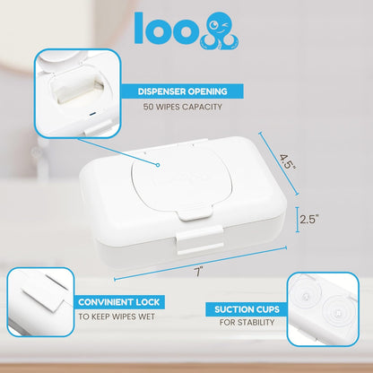 Loo Discreet Flushable Wipes Dispenser – Fits Standard Size Flushable Wipes Only – No-Drill Suction Mount Bathroom Holder with Lid for Toilet Tank, Tile, or Mirror