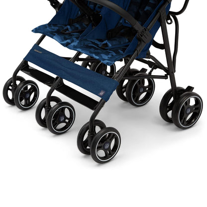 GAP babyGap Classic Side-by-Side Double Stroller - Lightweight Double Stroller with Recline, Extendable Sun Visors & Compact Fold - Made with Sustainable Materials, Navy Camo