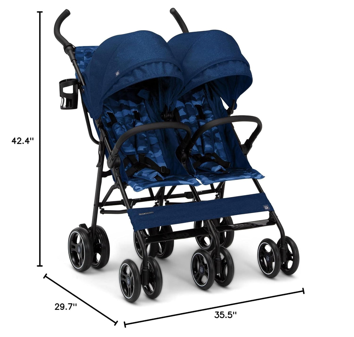 GAP babyGap Classic Side-by-Side Double Stroller - Lightweight Double Stroller with Recline, Extendable Sun Visors & Compact Fold - Made with Sustainable Materials, Navy Camo