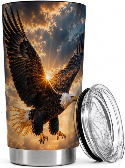 Soaring Bald Eagle Tumbler 20 oz, Patriotic Eagle Travel Cup, Daily Coffee Drinks, Dramatic Golden Sky Artwork, Wide Wing Cloud Detail, American Wildlife Theme, Men Freedom Lover
