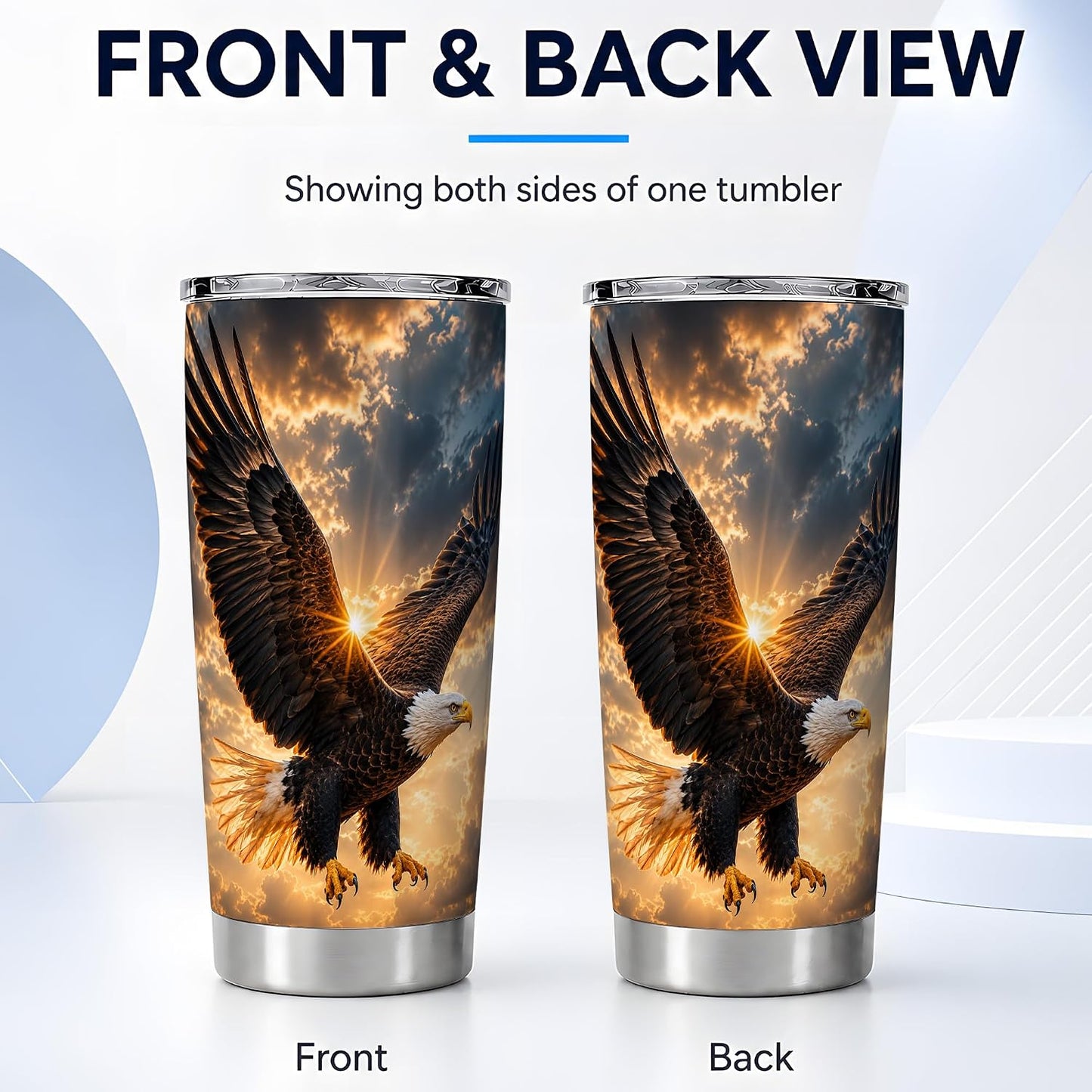Soaring Bald Eagle Tumbler 20 oz, Patriotic Eagle Travel Cup, Daily Coffee Drinks, Dramatic Golden Sky Artwork, Wide Wing Cloud Detail, American Wildlife Theme, Men Freedom Lover