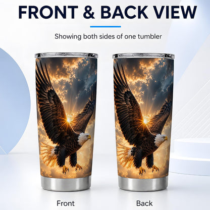 Soaring Bald Eagle Tumbler 20 oz, Patriotic Eagle Travel Cup, Daily Coffee Drinks, Dramatic Golden Sky Artwork, Wide Wing Cloud Detail, American Wildlife Theme, Men Freedom Lover