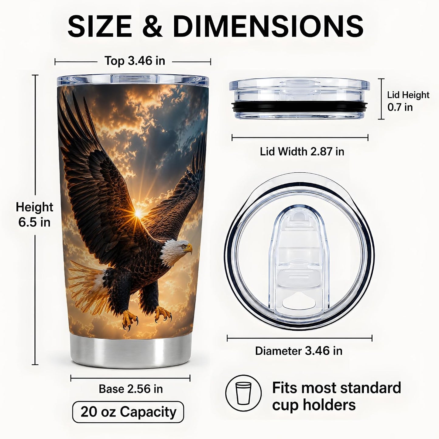 Soaring Bald Eagle Tumbler 20 oz, Patriotic Eagle Travel Cup, Daily Coffee Drinks, Dramatic Golden Sky Artwork, Wide Wing Cloud Detail, American Wildlife Theme, Men Freedom Lover
