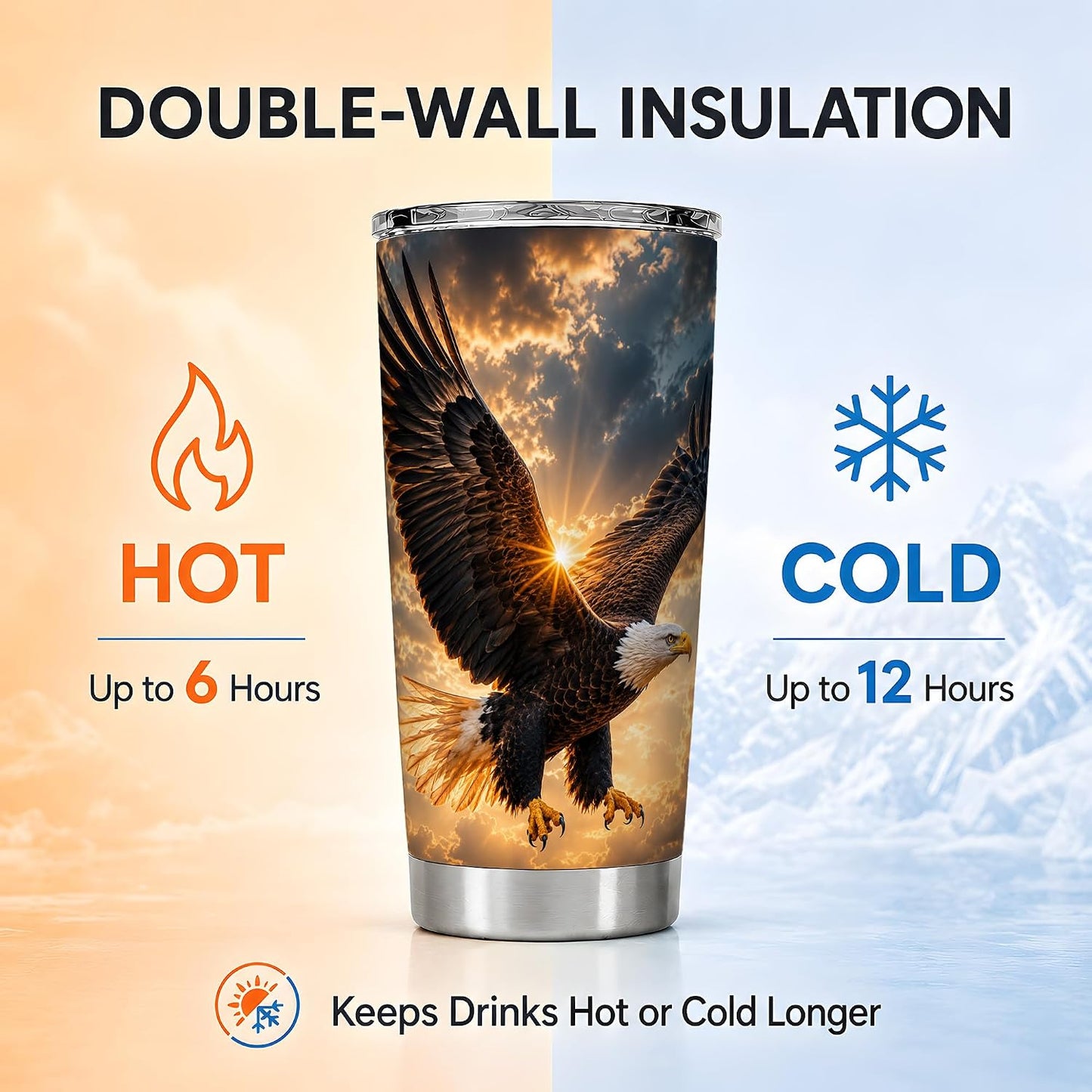 Soaring Bald Eagle Tumbler 20 oz, Patriotic Eagle Travel Cup, Daily Coffee Drinks, Dramatic Golden Sky Artwork, Wide Wing Cloud Detail, American Wildlife Theme, Men Freedom Lover
