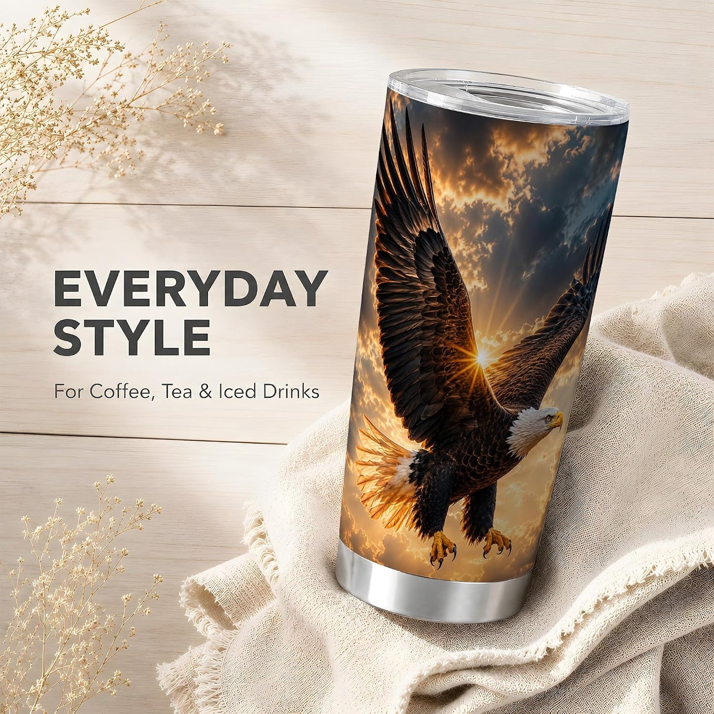 Soaring Bald Eagle Tumbler 20 oz, Patriotic Eagle Travel Cup, Daily Coffee Drinks, Dramatic Golden Sky Artwork, Wide Wing Cloud Detail, American Wildlife Theme, Men Freedom Lover