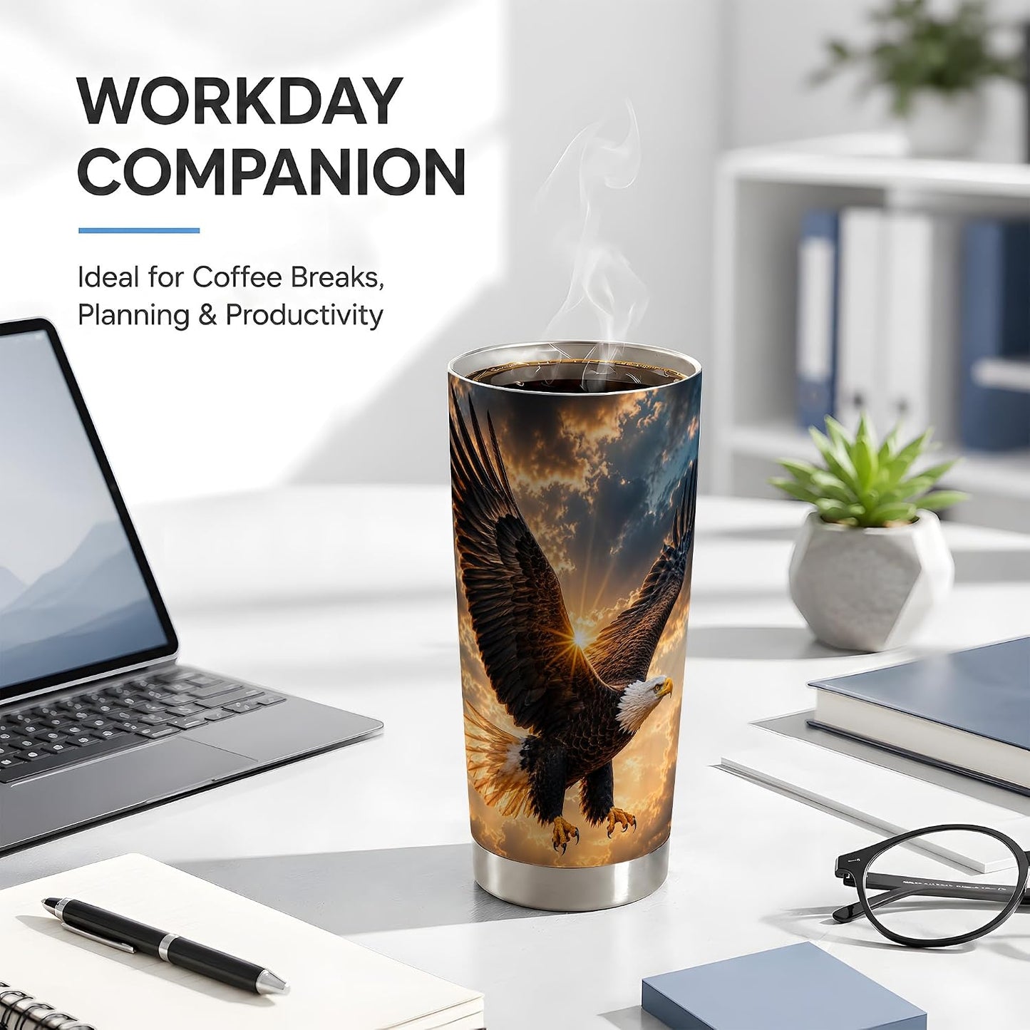 Soaring Bald Eagle Tumbler 20 oz, Patriotic Eagle Travel Cup, Daily Coffee Drinks, Dramatic Golden Sky Artwork, Wide Wing Cloud Detail, American Wildlife Theme, Men Freedom Lover