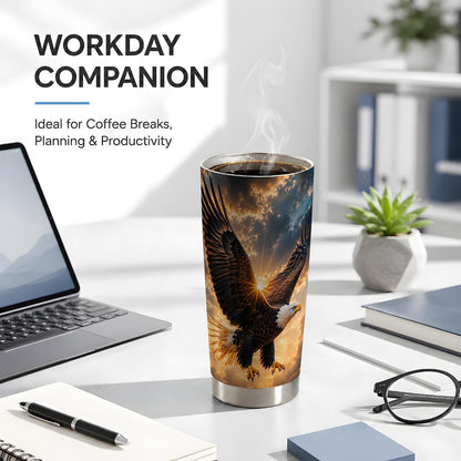 Soaring Bald Eagle Tumbler 20 oz, Patriotic Eagle Travel Cup, Daily Coffee Drinks, Dramatic Golden Sky Artwork, Wide Wing Cloud Detail, American Wildlife Theme, Men Freedom Lover