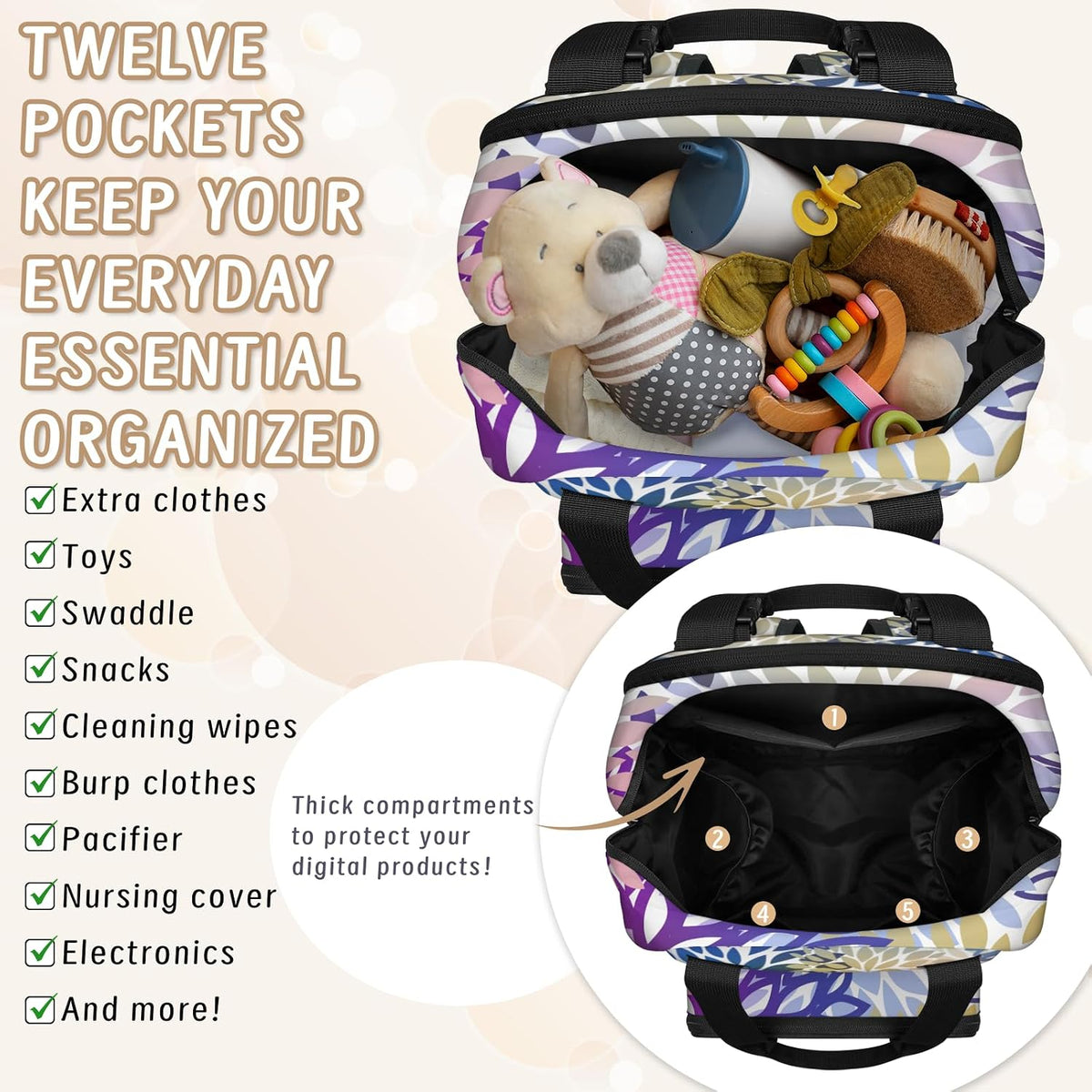 Colourful Leaves Diaper Bag Backpack for Travel, Waterproof Diaper Bag with Insulated Bottle Pockets & USB Port, Large Capacity Baby Bag for Moms & Dads