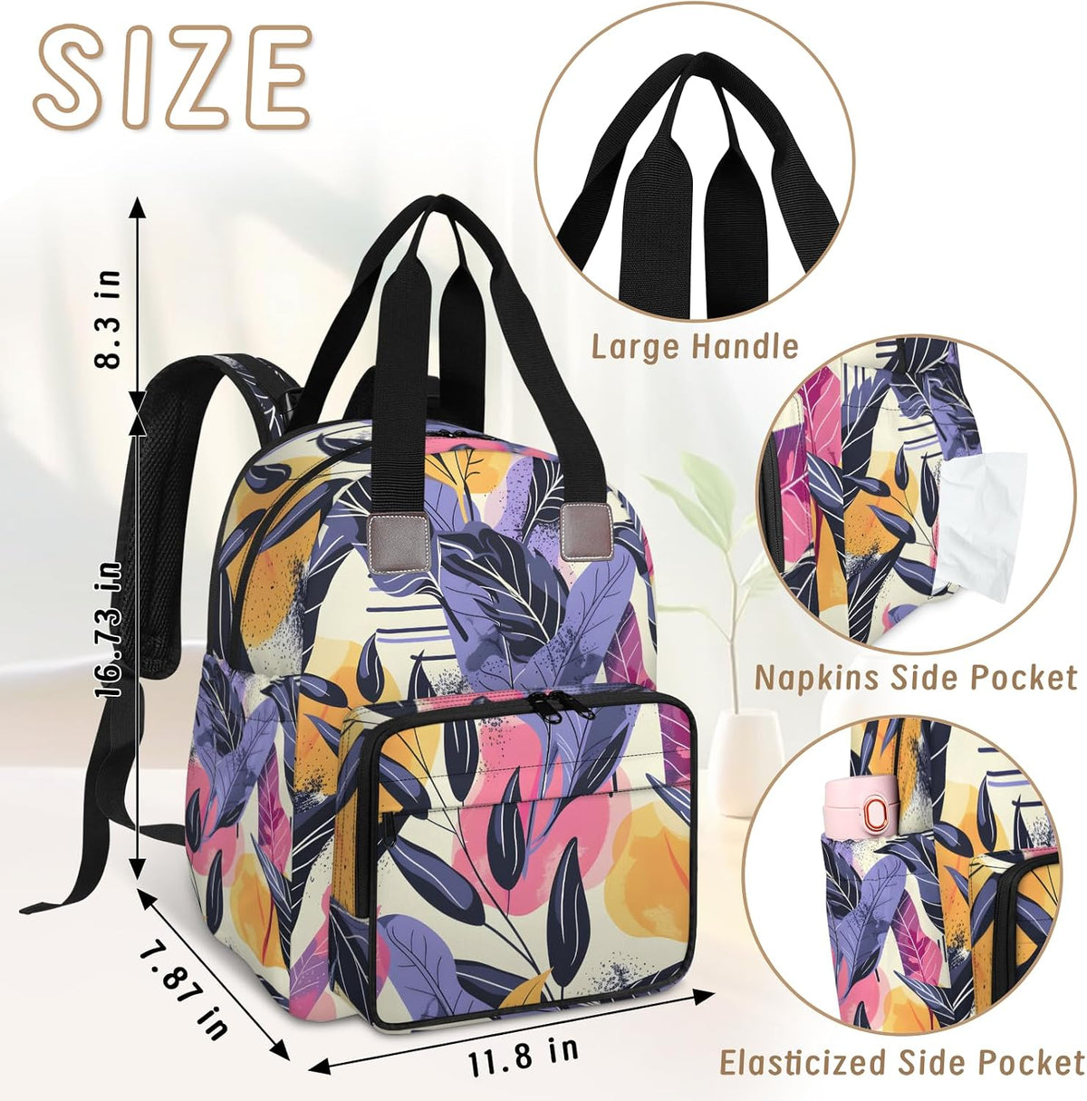 Colourful Leaves Diaper Bag Backpack for Travel, Waterproof Diaper Bag with Insulated Bottle Pockets & USB Port, Large Capacity Baby Bag for Moms & Dads