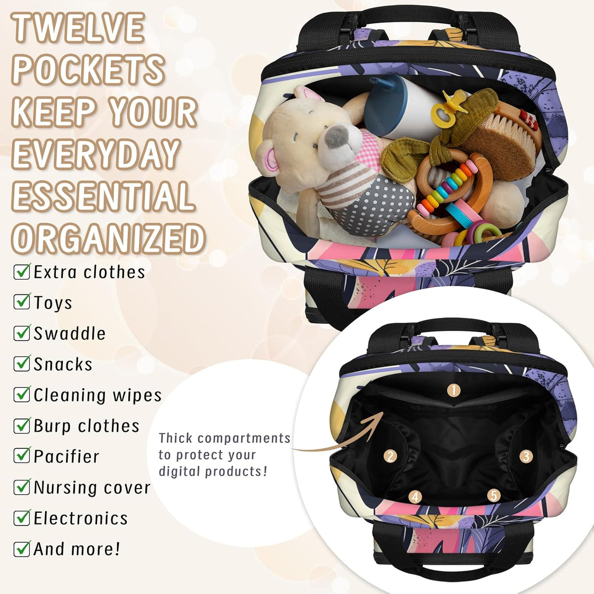 Colourful Leaves Diaper Bag Backpack for Travel, Waterproof Diaper Bag with Insulated Bottle Pockets & USB Port, Large Capacity Baby Bag for Moms & Dads