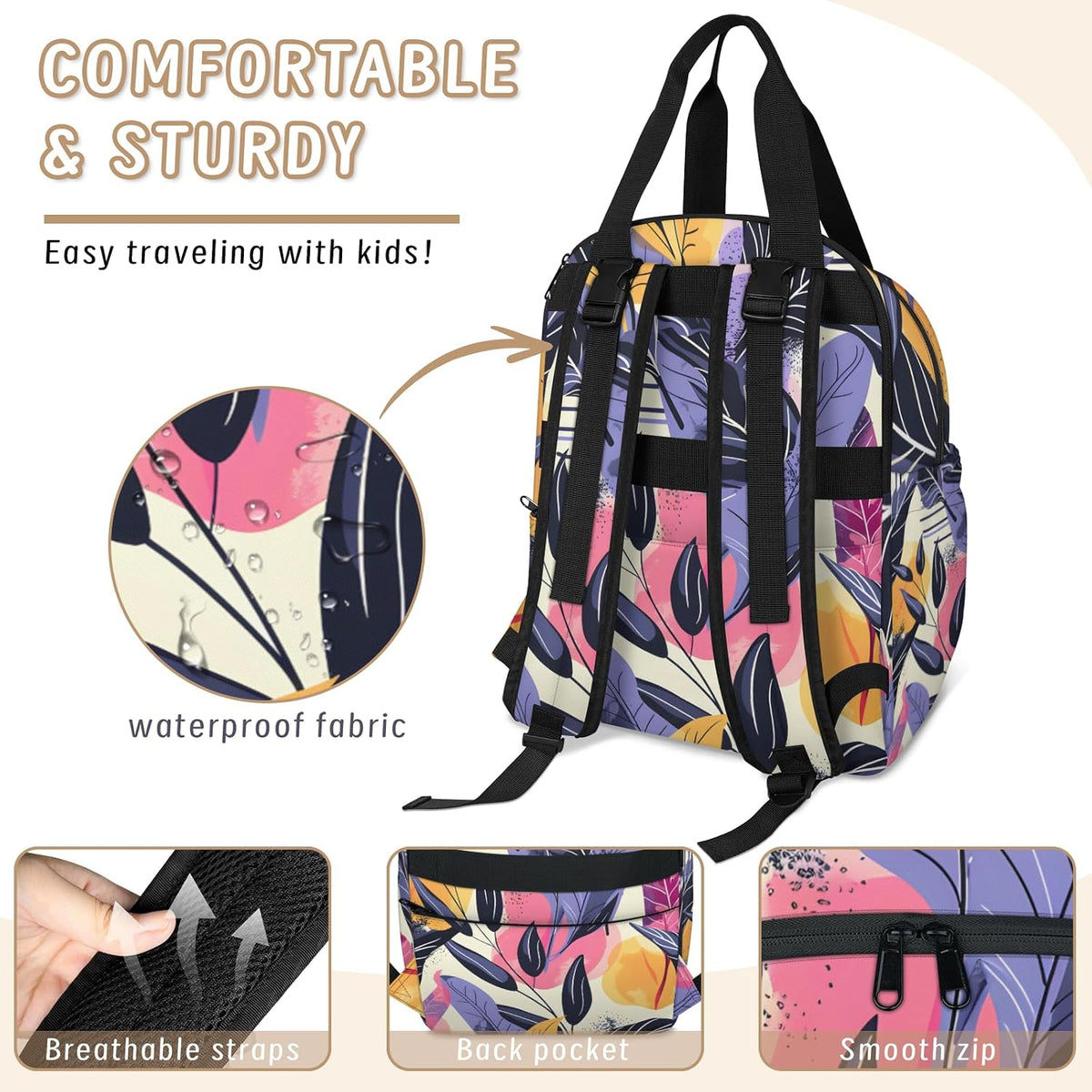 Colourful Leaves Diaper Bag Backpack for Travel, Waterproof Diaper Bag with Insulated Bottle Pockets & USB Port, Large Capacity Baby Bag for Moms & Dads