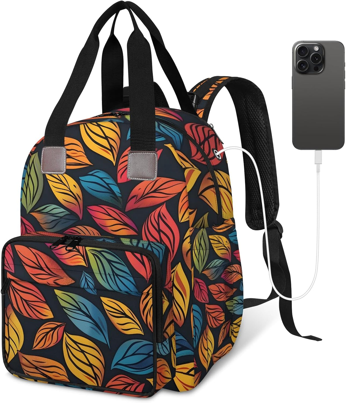 Colourful Leaves Diaper Bag Backpack for Travel, Waterproof Diaper Bag with Insulated Bottle Pockets & USB Port, Large Capacity Baby Bag for Moms & Dads