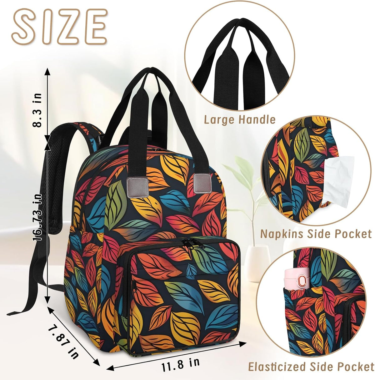 Colourful Leaves Diaper Bag Backpack for Travel, Waterproof Diaper Bag with Insulated Bottle Pockets & USB Port, Large Capacity Baby Bag for Moms & Dads